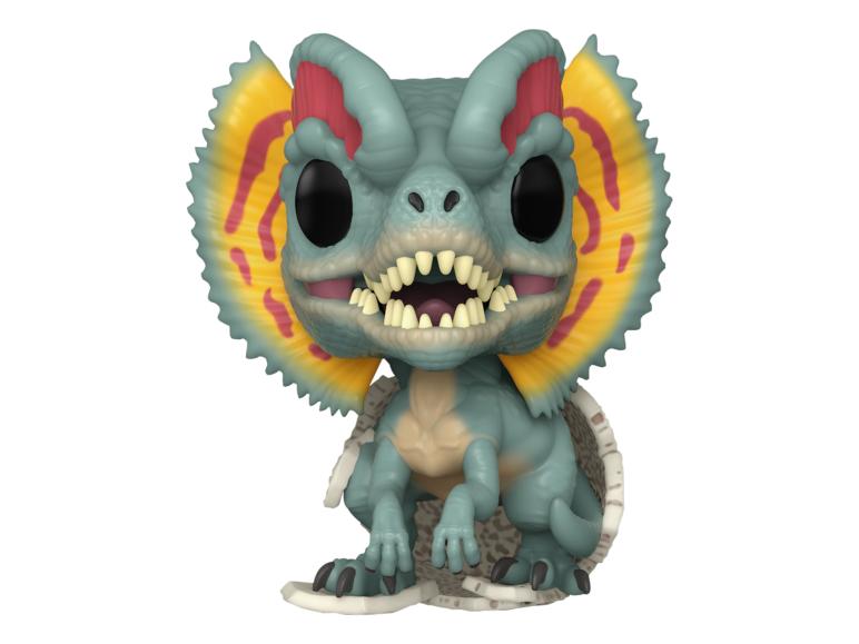 Eine Funko Pop Figur eines blauen Dinosauriers mit gelb-rotem Kragen, scharfen Zähnen und schwarzen Augen.