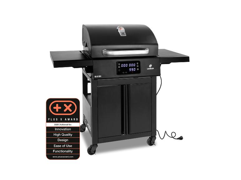 Schwarzer Outdoor-Grill mit Digitalanzeige und dem Plus X Award Gütesiegel.