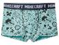Hellblaue Minecraft-Boxershorts mit schwarzem Minecraft-Logo am Bund und Spielfiguren.