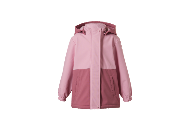 Kinder-Softshelljacke mit Kapuze in Hellrosa und Dunkelrosa.