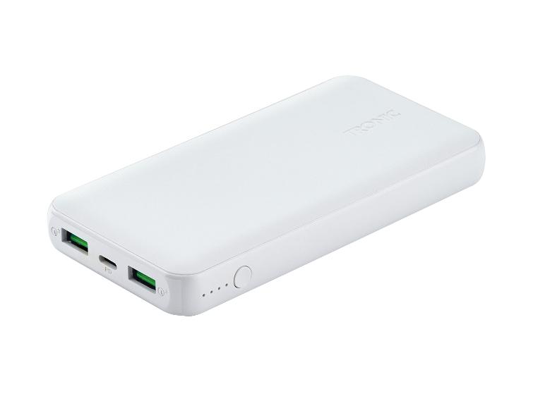 Weiße TRONC Powerbank mit USB-Anschlüssen.