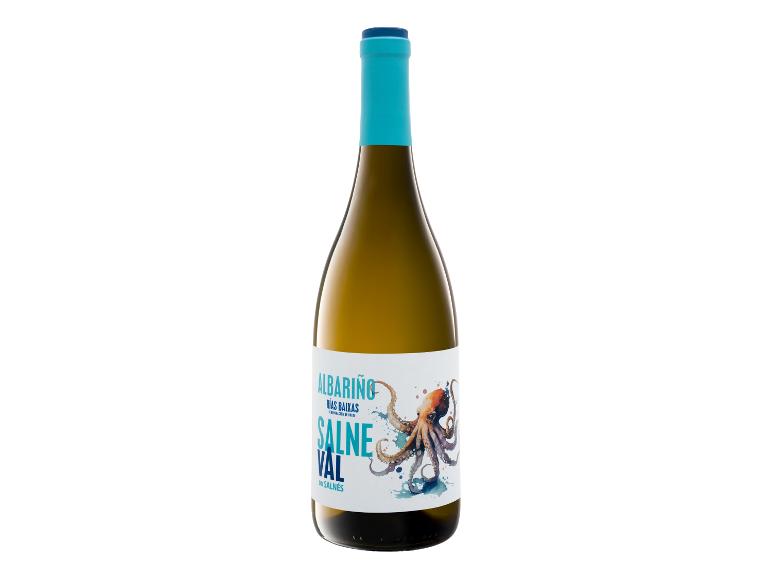 Eine Flasche Albariño Weißwein mit einem Krakenetikett und blauem Text.