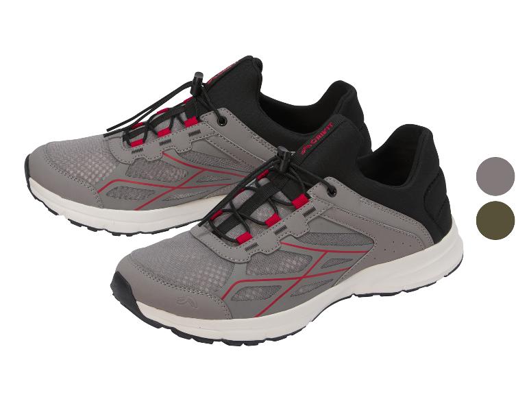 Graue Sportschuhe mit roten Details und elastischen Schnürsenkeln