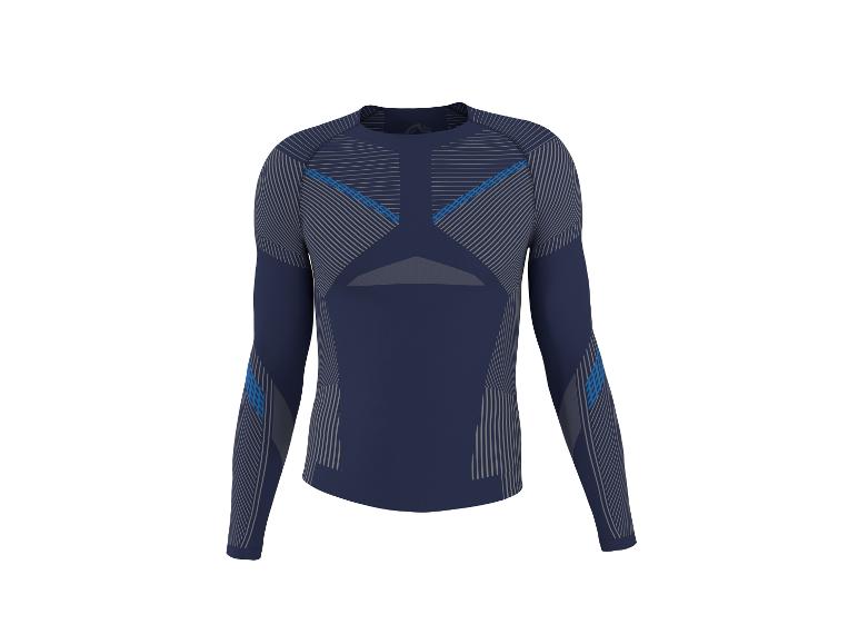 Dunkelblaues Langarm-Sportshirt mit grauen Streifen und blauen Akzenten.