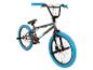 Graues BMX-Fahrrad mit blauen Reifen und Griffen.