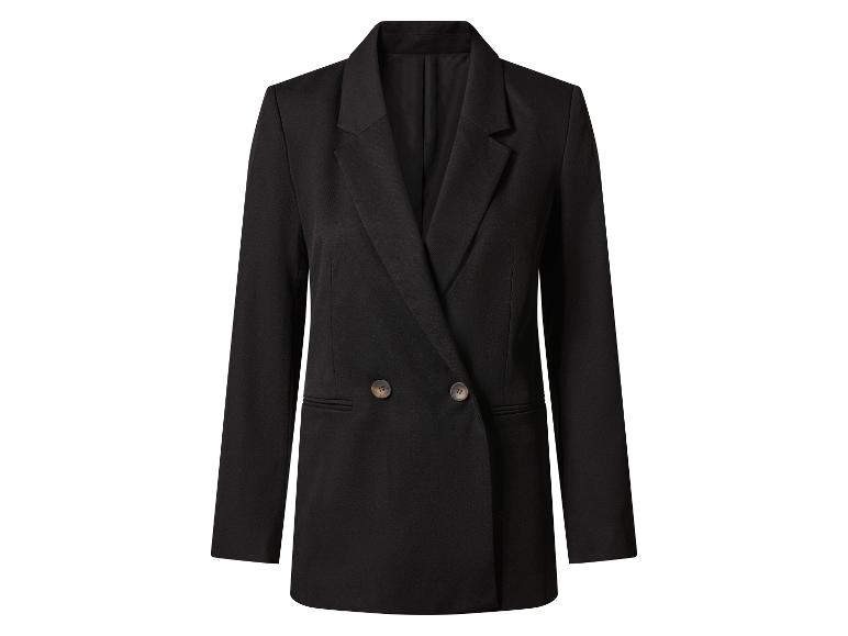 Ein schwarzer zweireihiger Blazer mit zwei Knöpfen.