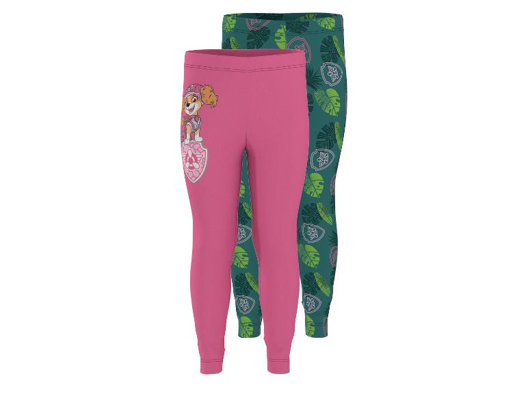 Zwei Kinderleggings, eine rosa mit Zeichentrickfigur und eine grüne mit Blattmuster.