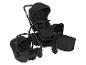 Schwarzer 3-in-1 Kinderwagen mit Autositz und Babywanne auf weißem Hintergrund.