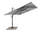 Ein grauer Cantilever-Sonnenschirm mit quadratischem Fuß.