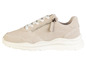 Beige Wildledersneaker mit weißer Sohle und Reißverschluss.