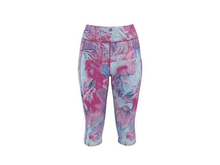 Capri-Fitness-Leggings mit abstraktem Muster in Pink, Blau und Lila.