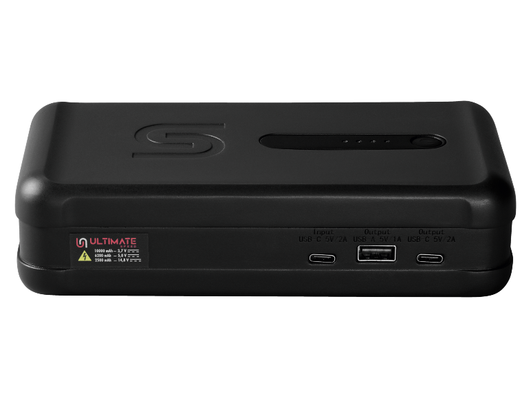 Schwarze Powerbank mit USB-C und USB-A Anschlüssen, 10000 mAh Kapazität.