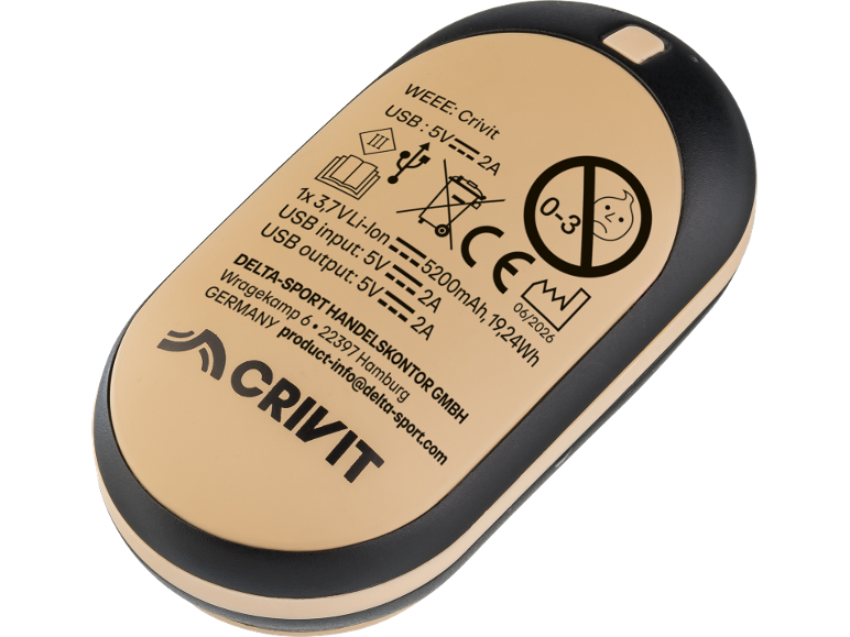 Tragbare Powerbank mit USB-Spezifikationen, Akkukapazität und Herstellerinformationen.