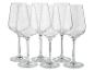 Sechs transparente Weingläser.