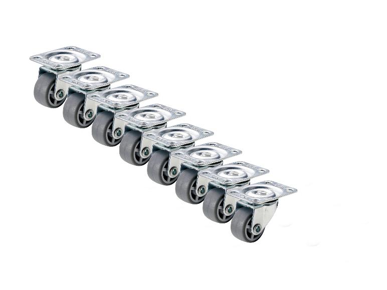 Sieben silberne Möbelrollen mit grauen Rädern.
