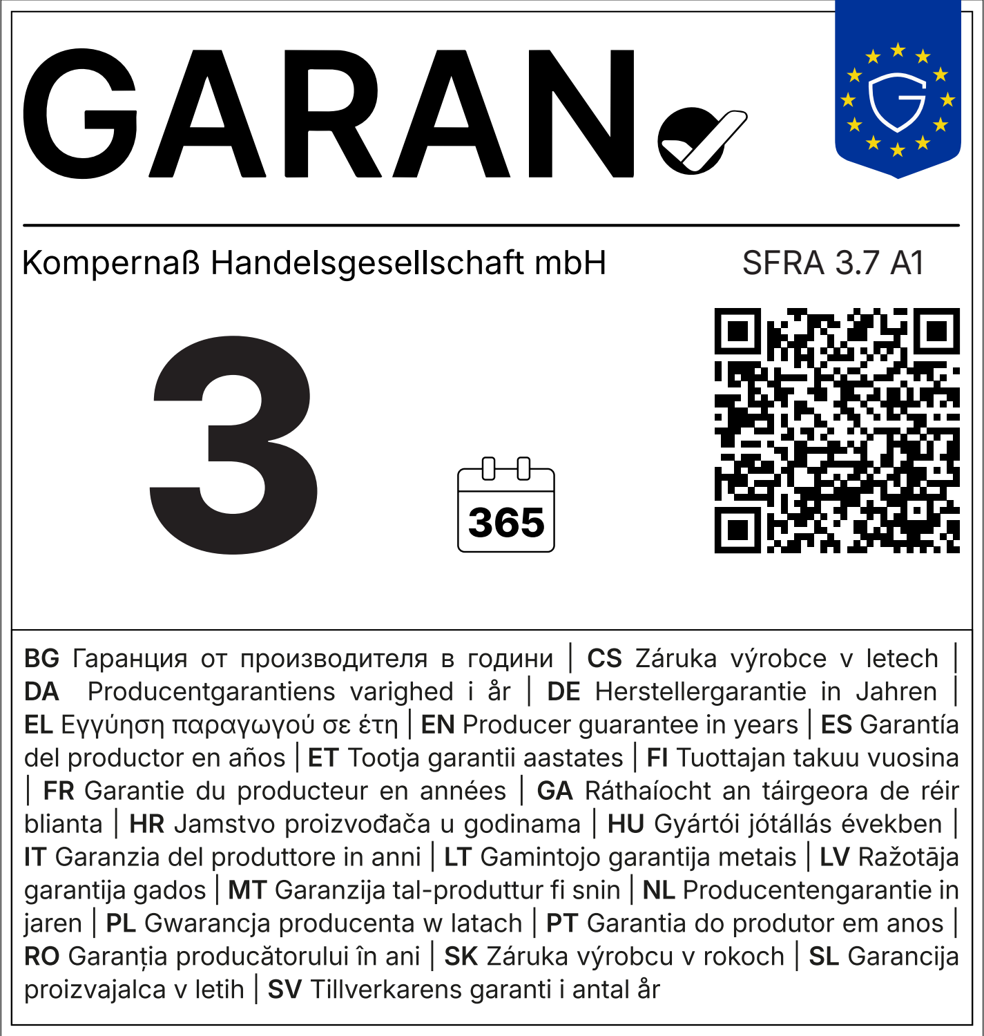 Garantiesiegel für 3 Jahre mit QR-Code und mehrsprachigen Informationen.