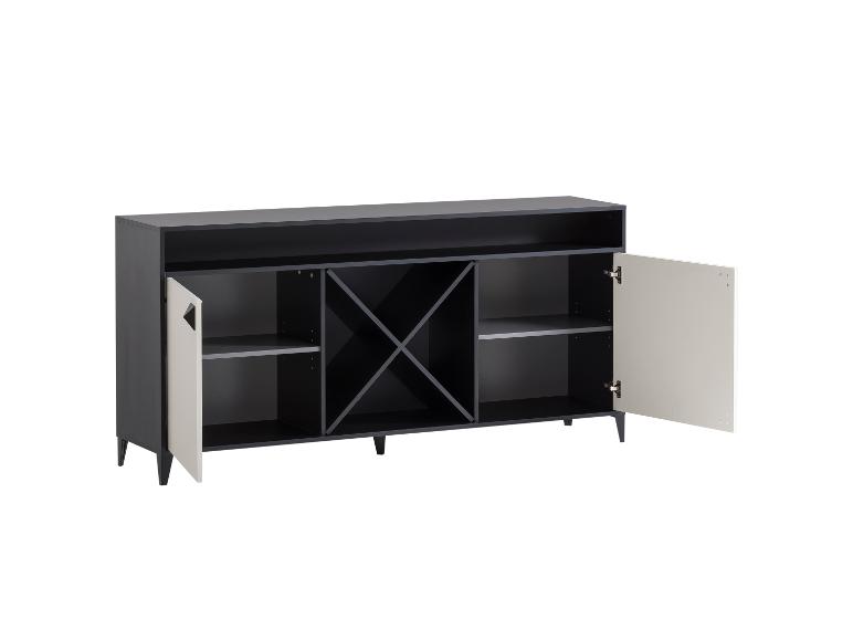 Dunkelgraues Sideboard mit Weinregal und offenen Türen
