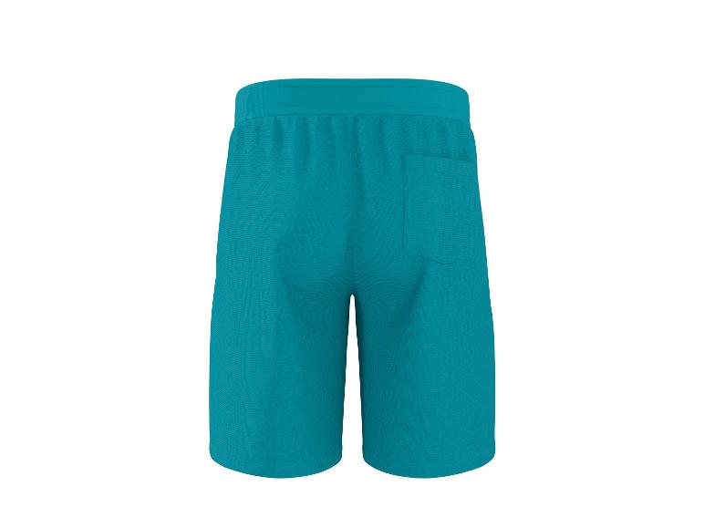 Türkisblaue Sweatshorts mit Gesäßtasche, Rückansicht.