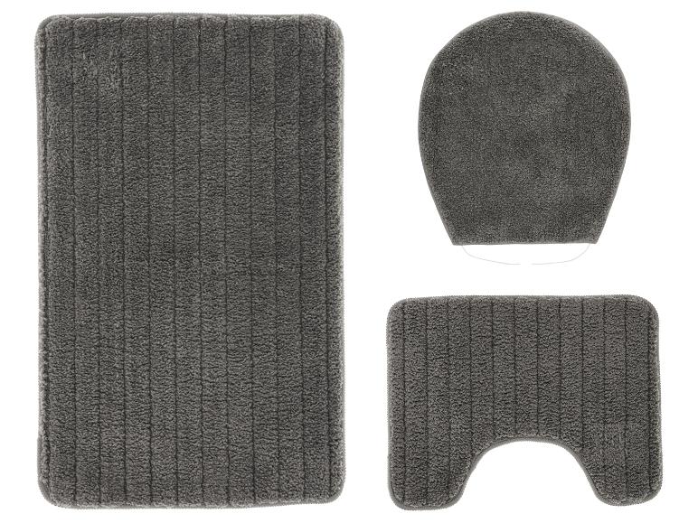 Dunkelgraues Badematten-Set mit rechteckiger Matte, Toilettendeckelbezug und U-förmigem Teppich.