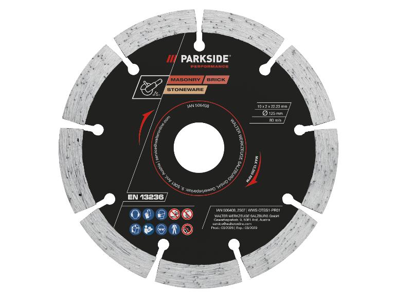 Diamanttrennscheibe für Mauerwerk, Ziegel und Steinzeug, mit Sicherheitspiktogrammen.