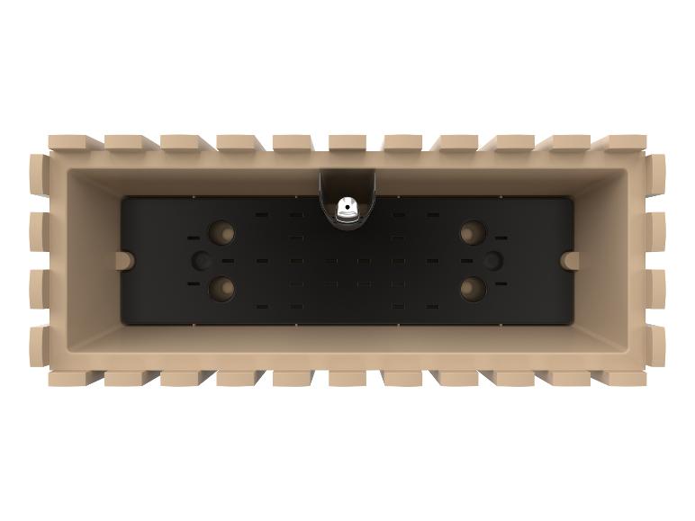 Draufsicht auf einen rechteckigen beigefarbenen Pflanzkübel mit schwarzem Einsatz und Drainagesystem.