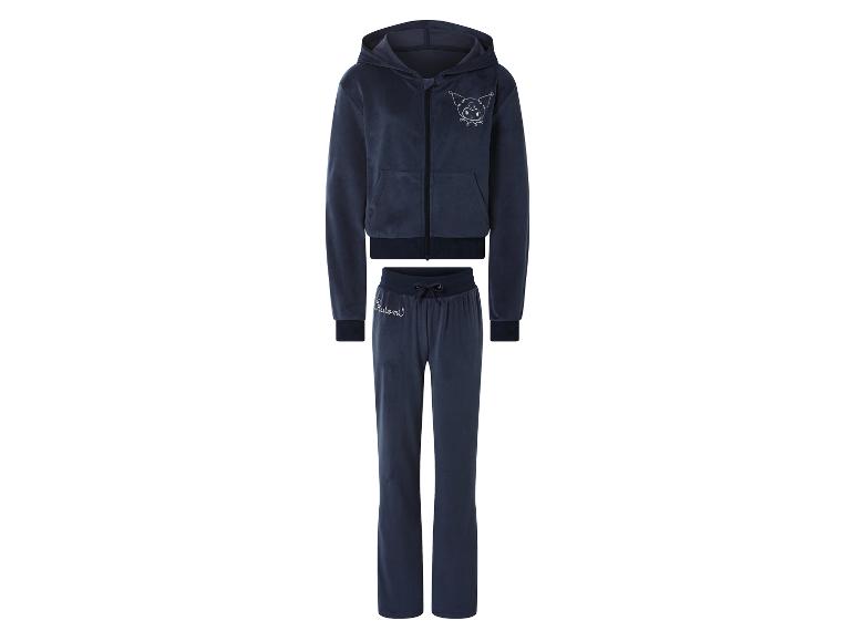 Dunkelblauer Velours-Kinder-Trainingsanzug mit Kapuze und Cartoon-Print.