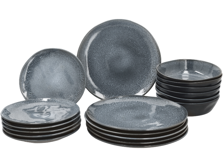 Set aus dunkelgrauen Keramiktellern und Schalen mit gesprenkeltem Muster.