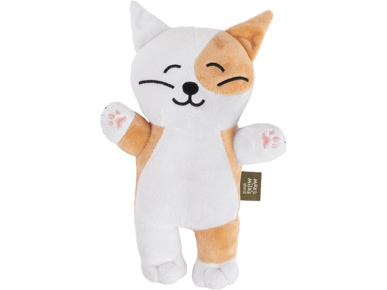 Weiß-orangefarbenes Katzen-Plüschtier mit lächelndem Gesicht und Pfoten mit rosa Ballen.