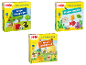 Drei HABA Meine ersten Spiele Kinderspiele in gelben Schachteln.