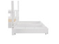 Weißes Bettgestell mit ausziehbarer Schublade und Rollen.