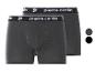 Zwei Paar dunkelgraue Herren-Boxershorts mit schwarz-weißem Markenbund.