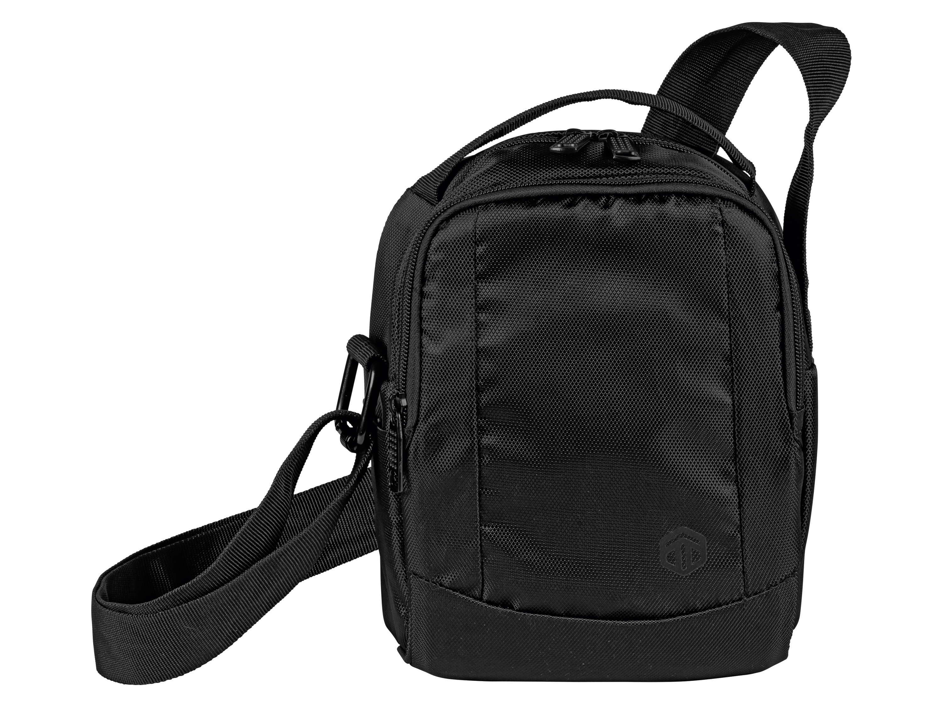 TOPMOVE® Taschen mit Diebstahlschutz (Umhängetasche, Schwarz)““ | Bankkarten, Ausweisen u. v. m. Mit Sicherheitsausstattung und elektronischem Ausleseschutz. Frontmaterial mit schnitthemmendem Gewebe gegen leichtes Auftrennen. Längenverstellbarer Gurt mit Metallverstärkung erschwert Durchtrennen. Karabinerhaken zum Sichern der Reißverschlüsse. 2 Fächer mit Organizer-Ausstattung sowie Netz- und Reißverschlussfach. 2 Steckfächer mit RFIDSchutz – verhindert das Auslesen von Bankkarten, elektronischen Geräten oder Personalausweis. Gepolstertes Innenfach – passend für bis ca. 20,1 cm 7