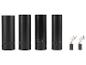 Vier schwarze Schlagschraubernüsse (22mm, 21mm, 19mm, 17mm) und zwei Kohlebürsten.