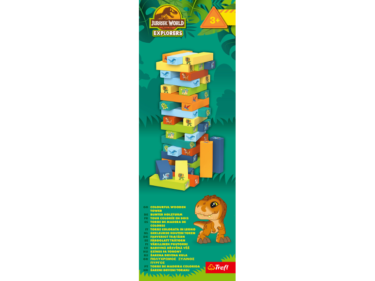 Bunter Holzturm mit Jurassic World Dinosauriern, geeignet für 3+ Jahre.