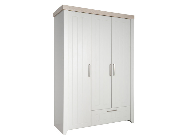 Weißer Kleiderschrank mit drei Türen und einer Schublade.