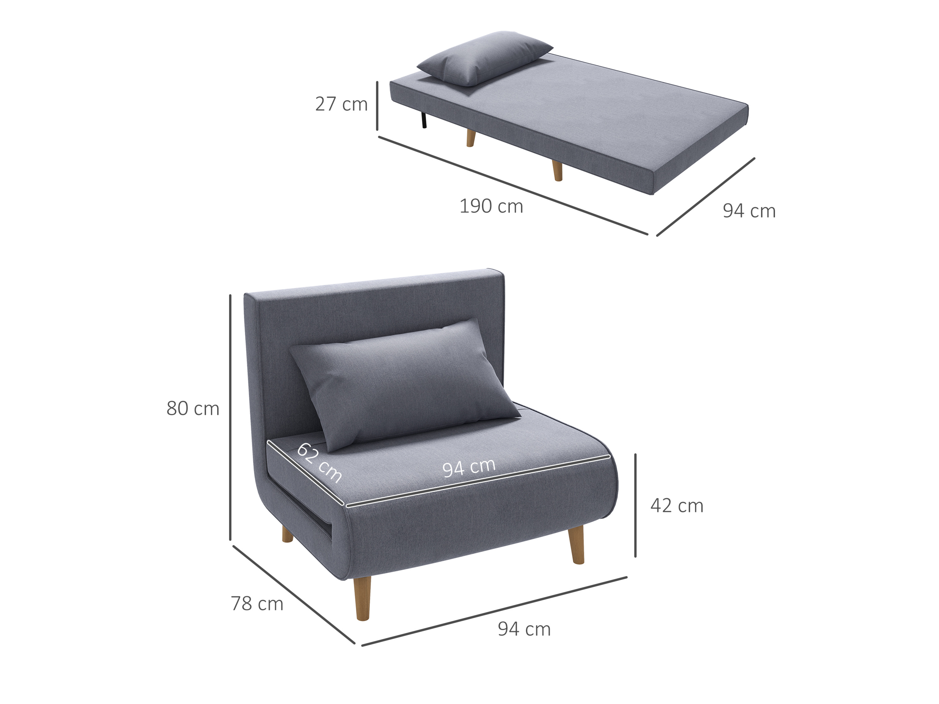 HOMCOM Sessel Einzelsofa Schlafsofa verstellbar Rückenlehne Liege grau (2-Sitzer Sofa, 1-St., Einzelschlafsofa), mit Bettfunktion – Bild 3 von 4
