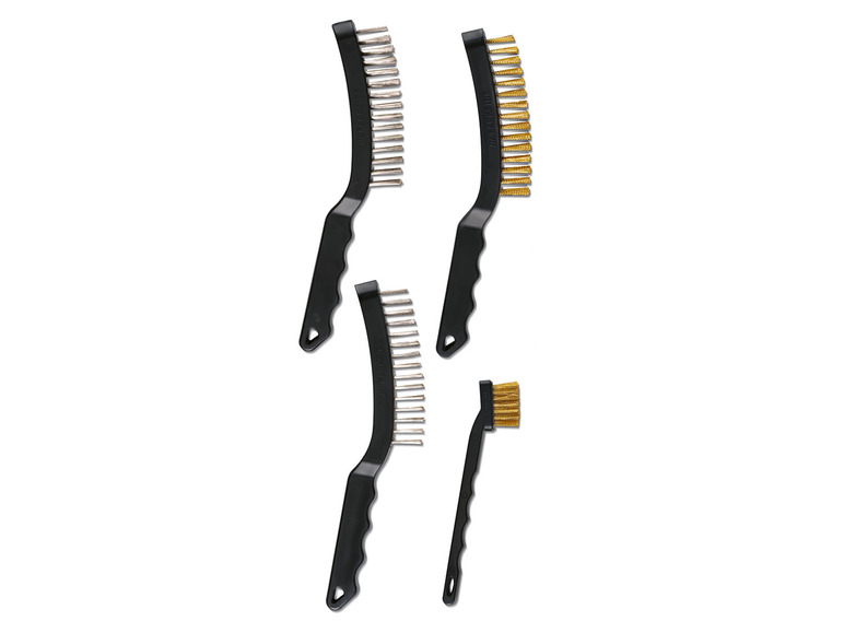 Ein Satz von vier gebogenen Bürsten mit schwarzen Griffen und Messingborsten.