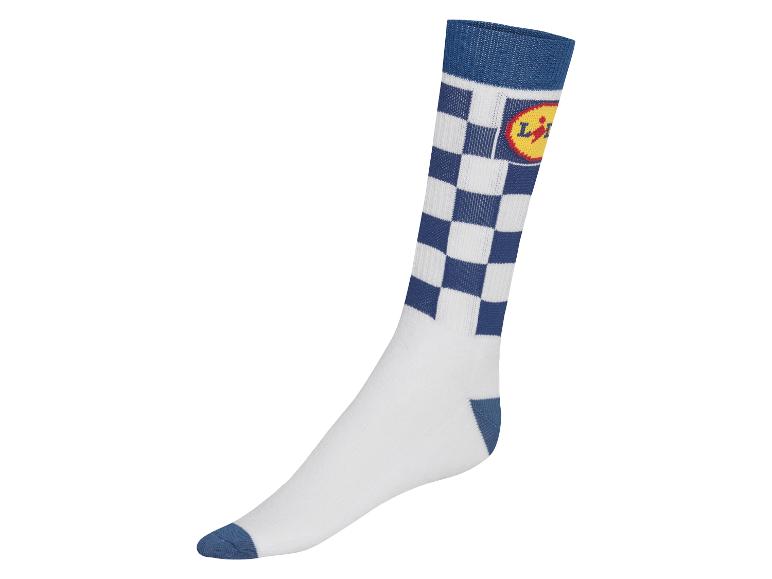 Le Coq Sportif Socken, weiß-blaues Karomuster.