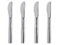Set aus vier silbernen Buttermessern mit glänzender Oberfläche.
