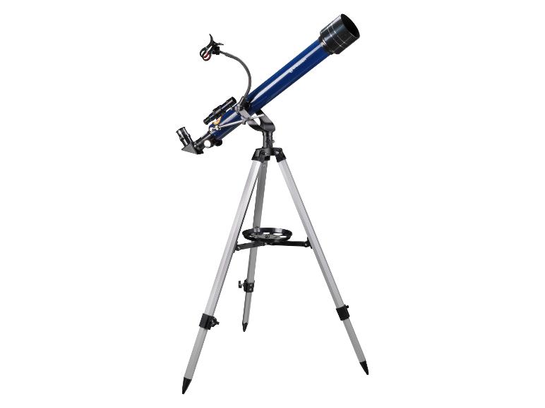 Blaues Teleskop auf Stativ mit Smartphone-Halterung.