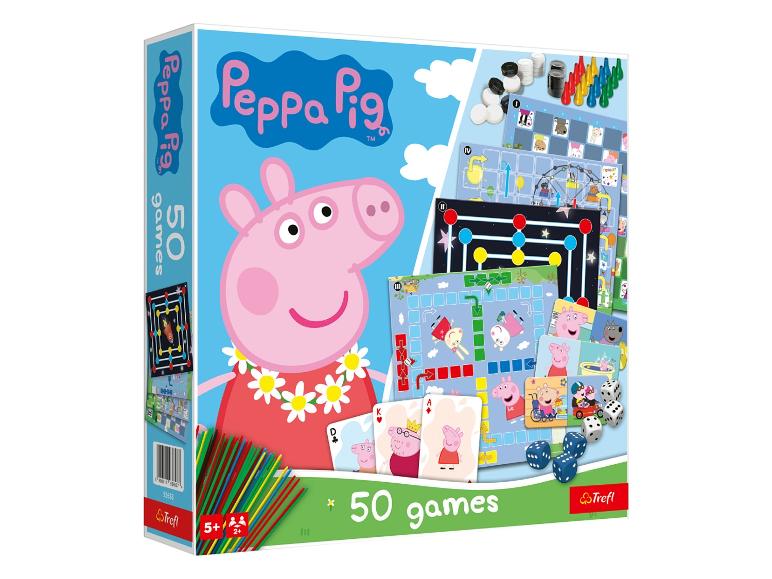Eine Box mit 50 Peppa Pig Spielen, darunter Brettspiele und Kartenspiele.