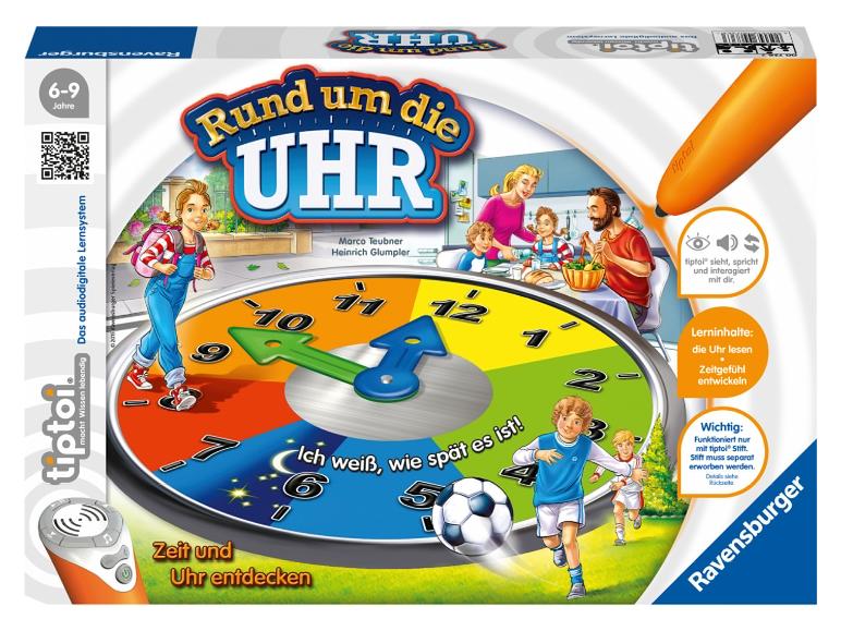 Ravensburger tiptoi Brettspiel „Rund um die Uhr“ zum Erlernen der Uhrzeit.