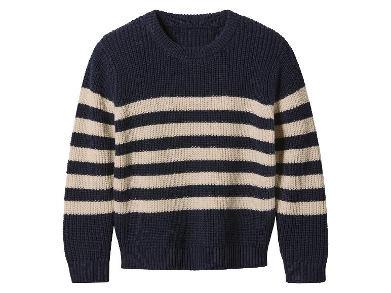 Strickpullover mit dunkelblauen und beigen Querstreifen.
