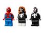 Drei LEGO Minifiguren von Spider-Man, Spider-Woman und Venom auf weißem Hintergrund.