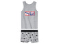 Ein graues Tanktop mit Marvel-Logo und Boxershorts mit Spinnennetz-Muster.