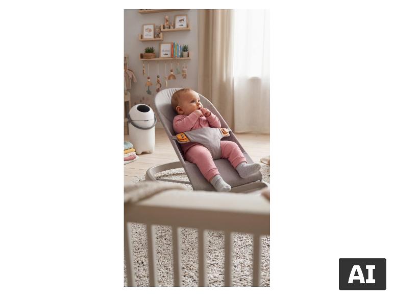 LUPILU® Windeleimer in einem gemütlichen Babyzimmer mit Baby in einer Wippe [KI-generiertes Bild]