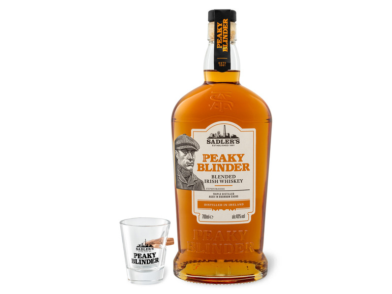 Sadler\'s Peaky Blinder Glas Irish Vol und Blended 40% Geschenkbox mit Whiskey
