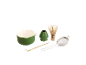 Grünes Matcha-Set mit Schale, Besen, Halter, Löffel und Sieb.
