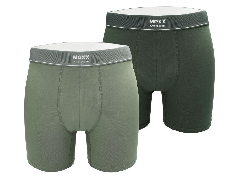 Zwei Mexx Amsterdam Boxershorts in Olivgrün und Dunkelgrün.