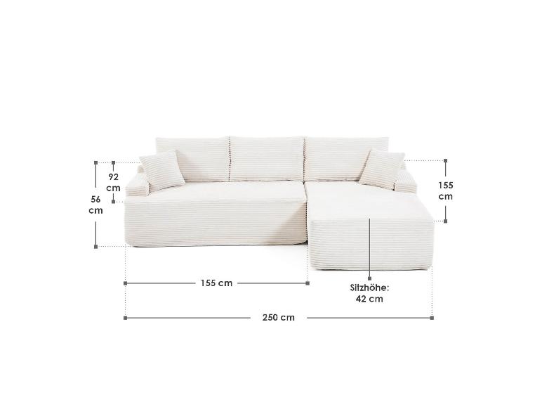Weißes Cord-Ecksofa mit Récamiere, Maße 250x155 cm, Sitzhöhe 42 cm.